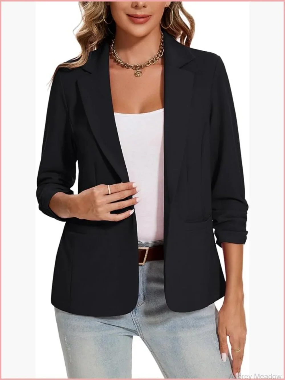 Ruched 3/4 Sleeve Notch Lapel Button Front Blazer Casual Work Office Suit